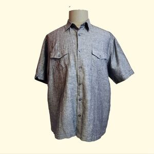 Cafe Luna Button Front Linen Short Sleeve Lightweight Shirt Blue X-Large